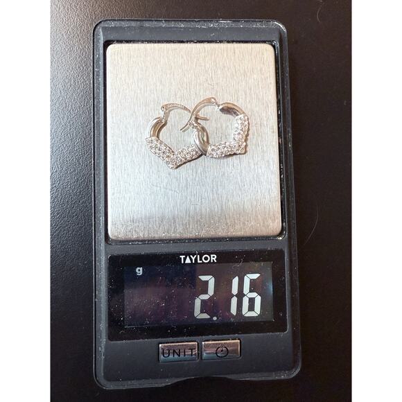 925 Sterling Silver Crystal Hoop Earrings Heart Pattern - Picture 9 of 9